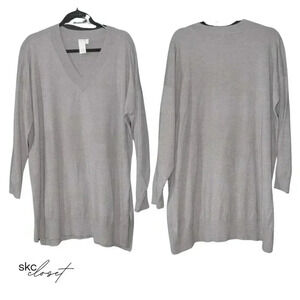 ADY P Women's Taupe Long-Sleeve, V-Neck, Fanny Sweater, L